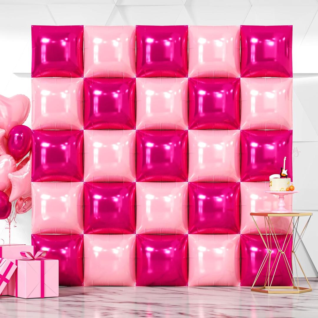 NISOCY 25PCS Hot Magenta Pink Square Foil Balloons Wall Backdrop Double Sided Metallic Pink Balloons Arch Kit for Anniversary Bachelorette Birthday Engagement Bridal Baby Shower Party Decorations