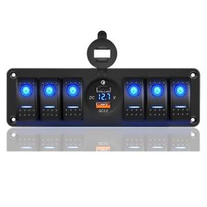 6 Gang Waterproof Rocker Switch Panel with PD Type C and QC 3.0 USB Charger, Voltmeter, for Cars,Trucks,Boats,and RVs (12V-24V)