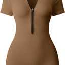 OQQ Women Rompers Ribbed Short Sleeve Zip Front Stretch Tummy Control Yoga Workout Rompers (Medium, Coffee)