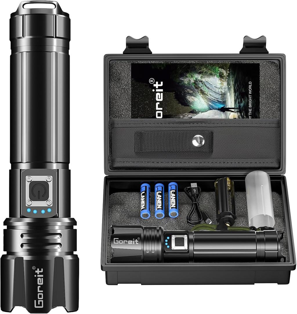 Goreit Super Bright LED Flashlight - 30W Output for 50000 Lumens & 3937ft Beam, USB-C Rechargeable with 12H Runtime, IP67 Waterproof Powerful Handheld Linternas for Home, Camping, Hiking, Emergency