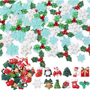 Huwena 200 Pcs Christmas Resin Flatback Charms Mini Triple Leaf Holly Berries Embellishments Small Snowflake Decorations Tiny Resin Miniatures for Xmas Tree DIY Craft Scrapbook Supplies