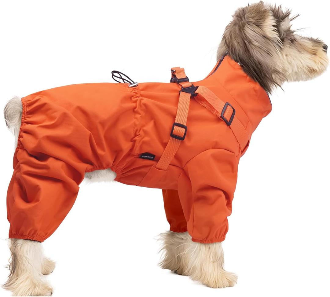 BRKURLEG Dog Raincoat for Small Dogs, Small Dog Rain Jacket with Harness Built in, Waterproof 4 Legs Pet Raincoats, Puppy Outdoor Jacket with Reflective Strip, Orange, M (M(Back Length9.8"))