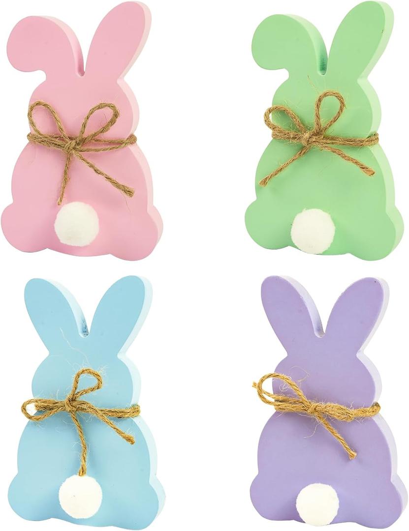 Easter Bunny Decorations, 4 PCS Double Sided Wooden Bunny Sign Spring Easter Table Decorations for Home Office Tiered Tray Tabletop Shelf Mantel Dining Room Decor