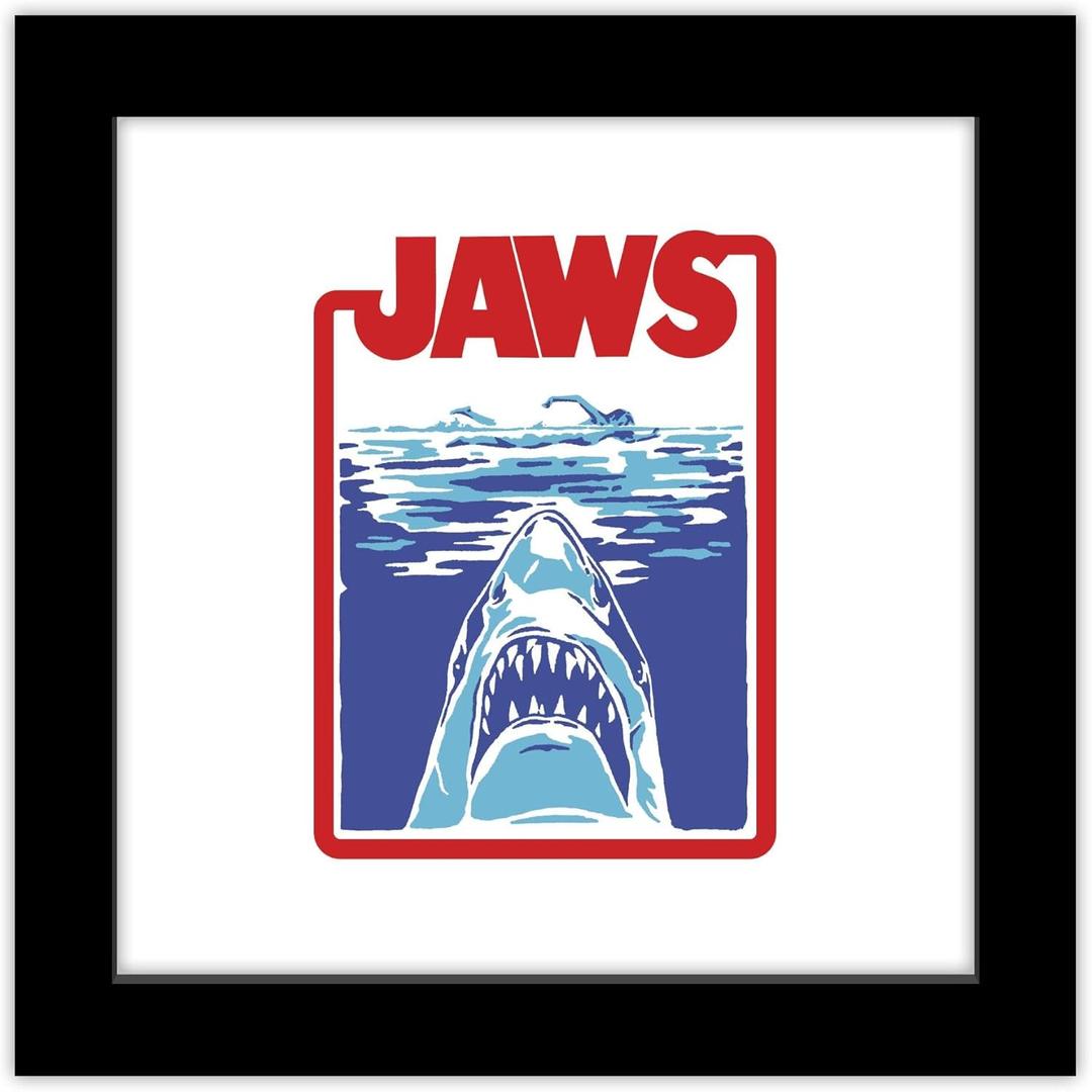 Trends International Gallery Pops Jaws - 50th Anniversary Shark Badge Wall Art, 12" x 12" Gallery Pops Wall Art, Black Framed Version