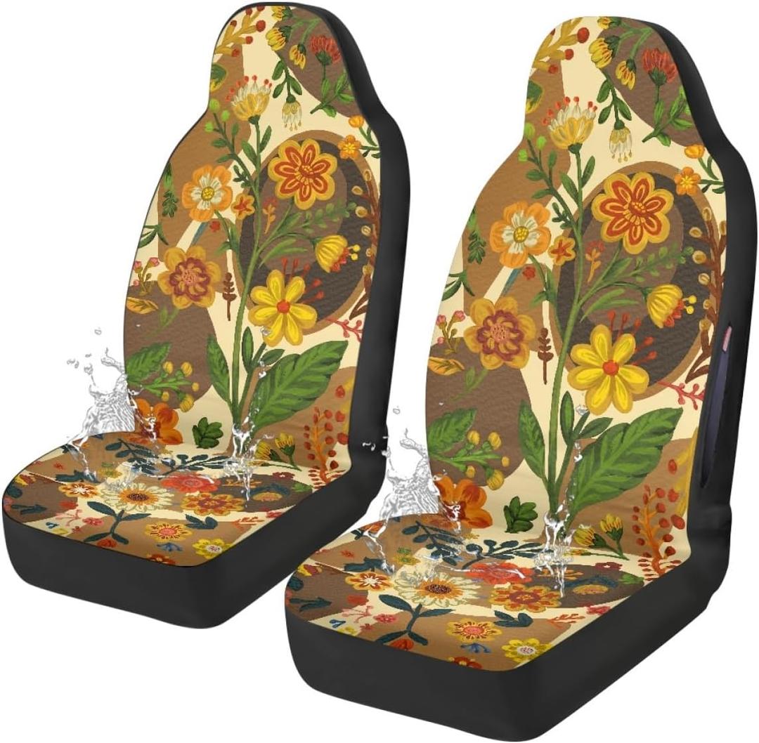 Boho Car Seat Covers Cute - 2PCS Waterproof Front Seat Covers with Car Drying Towel, Airbag Compatible, Universal Fit for Most Vehicle Car Seat Protector for Women SUV Sedans Truck