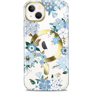 Magnetic Designed Clear Case for iPhone 14 iPhone 13, Compatible with MagSafe, Gold Plated Glitter Slim Shockproof Protective Women Girl Phone Case, Flower Mint Blue
