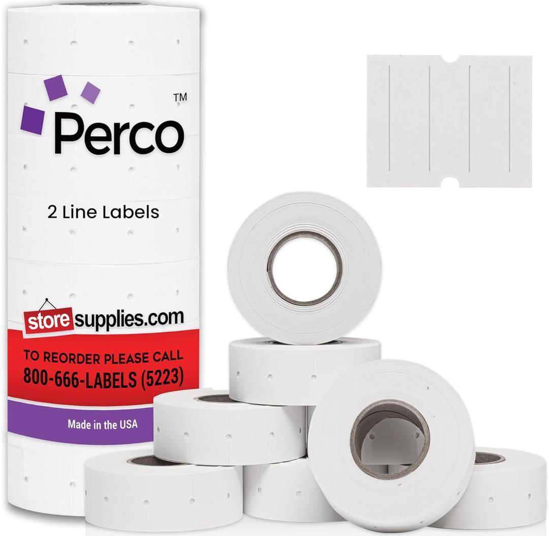 Perco 2 Line White Labels - 8 Rolls, 1 Sleeve, 6,000 Blank Price and Date Gun Labels for Perco 2 Line Price and Date Guns - Made in USA
