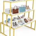 Metal Shoe Handbag Display Table，3 Tier Heavy Duty Risers Display Stands，Modern Standing Display Riser Shelf for Retail Stores Vendor Events, Iron and Wood, Gold