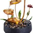 Tabletop Fountain Metal Lotus Circulating Fountain Water Feature for Zen Home Decor Warm Yellow Scene Light(23034)