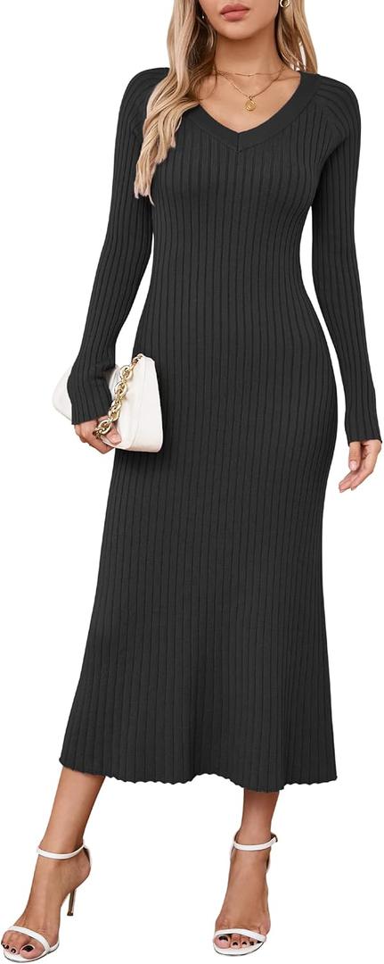 Arach&Cloz 2025 Spring Womens V Neck Long Sleeve Fishtail Sweater Dress Ribbed Knit Slim Fit Bodycon Midi Dress (Medium, Black)