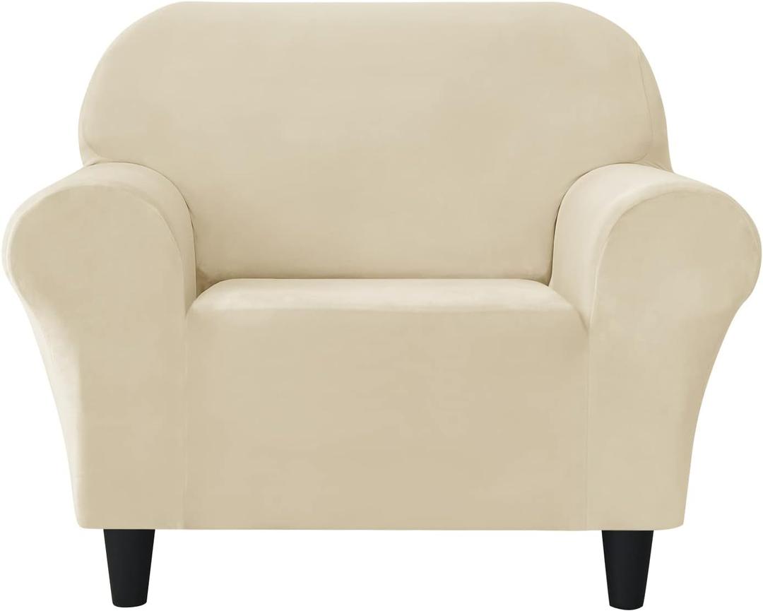 Stretch Sofa Slipcover, Soft Thick Velvet Couch Sofa Cover Furniture Protector with Elastic Bottom for Pets & Kids (Beige, S)