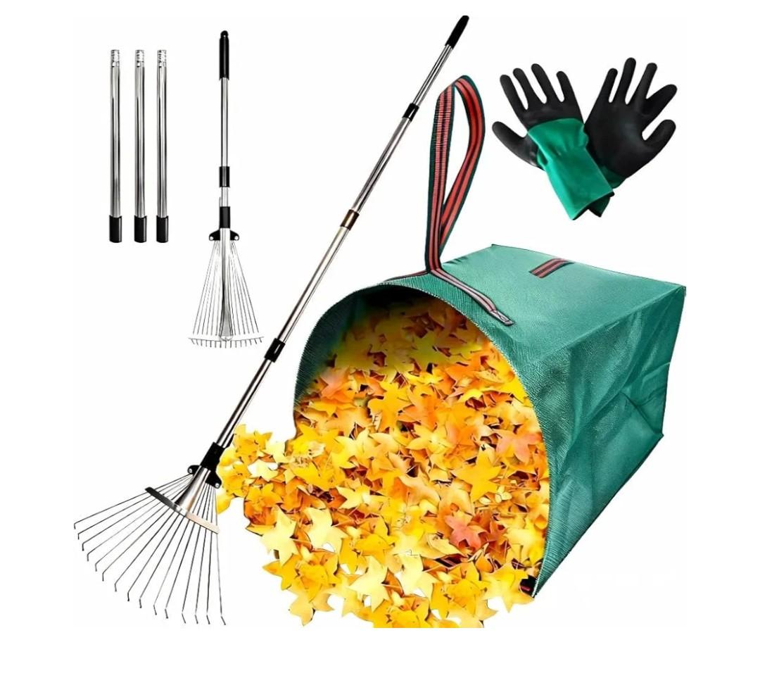 Leaf Rake for Lawns with 53 Gallon Dustpan-Type Leaf Bags,Heavy Duty Metal Garden Yard Rake Long Handle with Expandable Head 7-14" for Gardening Outdoor Camping Shrub Grass Bush Weed