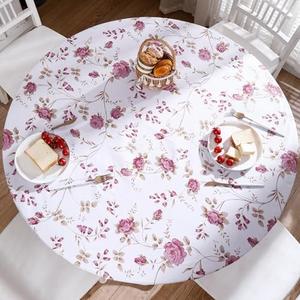 Round Vinyl Fitted Tablecloth with Flannel Backing Elastic Edge Design Table Cover Waterproof Oil-Proof PVC Table Cloth Stain-Resistant Best for 37"-44" Round