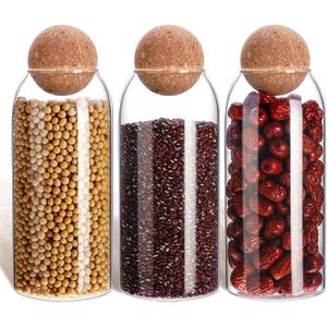 Cunhill 3 Pcs Glass Jar with Ball Cork Lid Decorative Round Bottle Sealed Canister Jar Storage Container Organizer with Airtight Wooden Lid for Food Coffee Bean Candy Biscuits Spice(1000 ML/ 34 Oz)