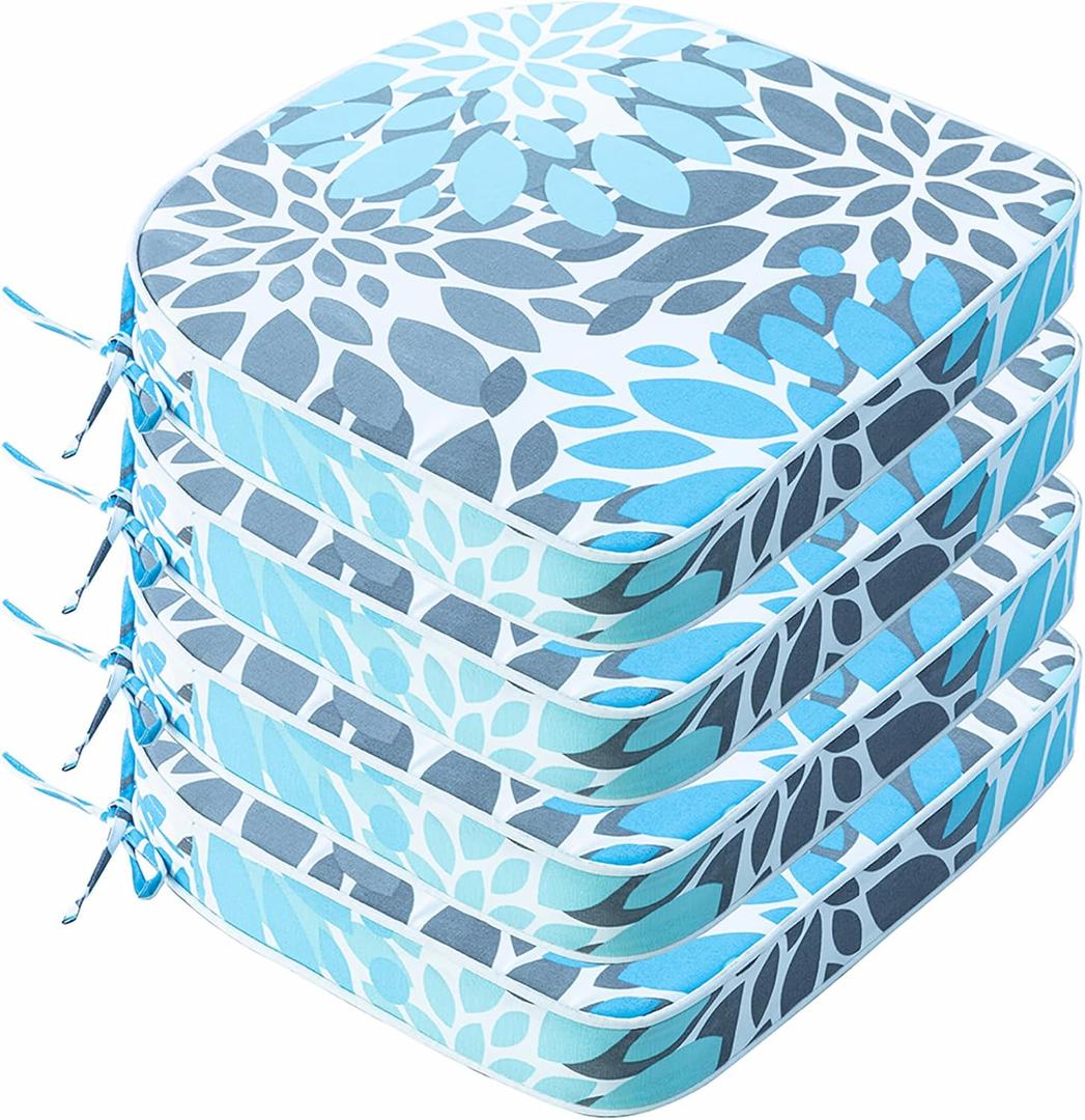JMGBird Outdoor Chair Cushions Set of 4 Patio Cushions D16 x W17 Inch with Ties, Outdoor Chair Pad for Patio Furniture Upgrade Thicker (Light Blue With White)