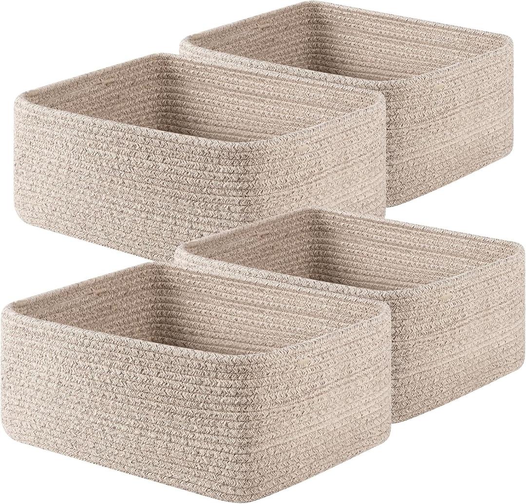OIAHOMY 4 Pack 14.17 * 11.02 * 6.3IN Storage Baskets for Organizing Shelves, Woven Rope Baskets for Organizing Books, Clothes, Decorative Basket for Living Room, Nursery, Bedroom, Gift Basket, Brown