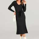 ANRABESS Womens Long Sleeve Fall Dress 2025 V Neck A-line Tie Waist Ribbed Knit Bodycon Midi Sweater Dresses Black Medium (Black, M)