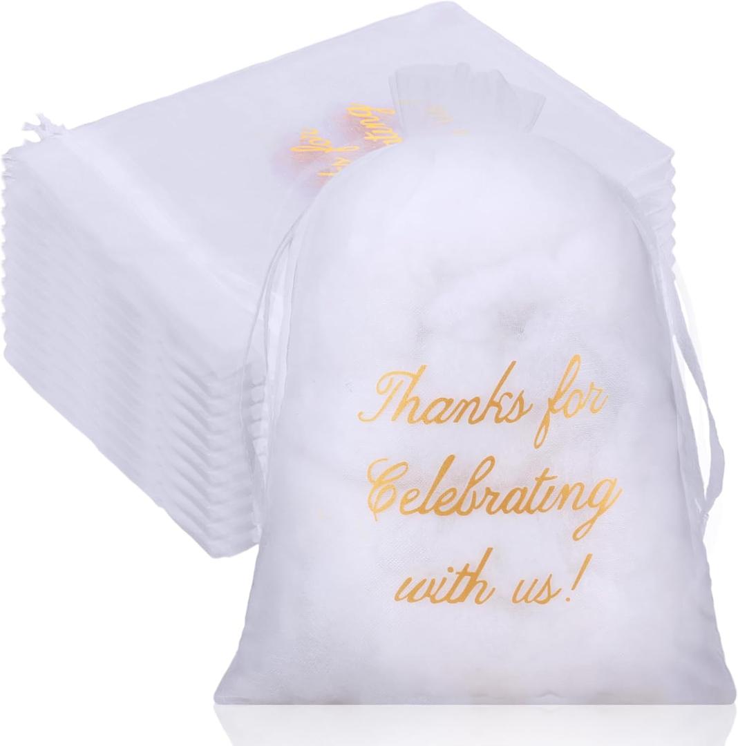 Riakrum 100 Pcs Sheer Organza Bags Wedding Favor Mesh Drawstring Bags Thank You Gift Bag for Guests Candy Candy Gift Bag for Wedding Favors, Bridal Shower, Anniversary, Birthday(5 x 7 Inch,White)