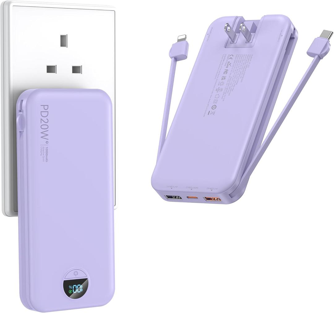 Portable Charger with Wall Plug, 10000mAh USB C Power Bank Fast Charging, External Battery Pack with Built in Cables, Digital Display, 5 Output 4 Input for iPhone Android Cell Phone Tablet
