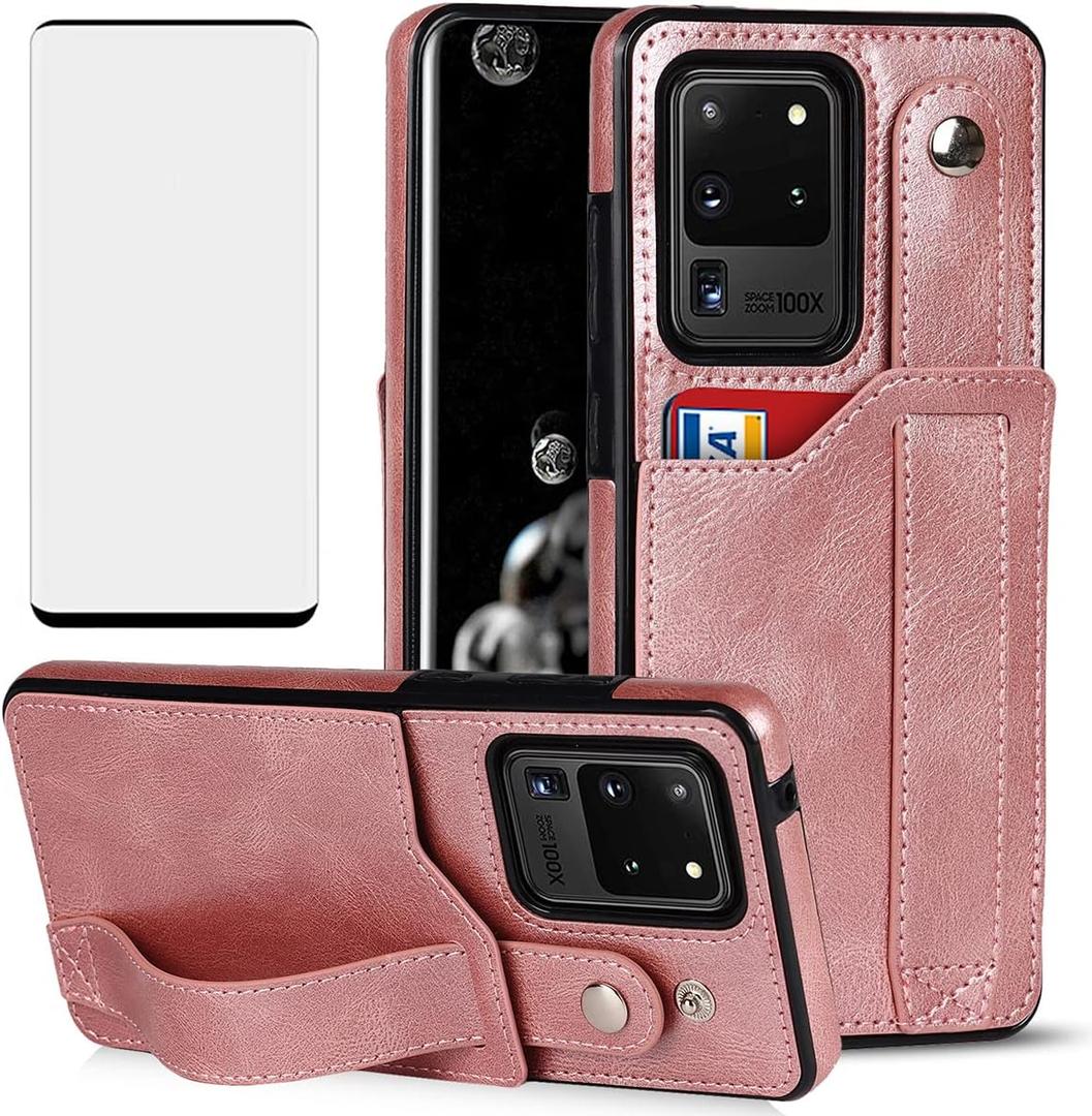Design for Samsung Galaxy S20 Ultra 5G Phone Case with Screen Protector Adjustable Wrist Strap Kickstand Credit Card Slot Slim Shockproof Hybrid Rugged Protective Cover for Women 6.9" Rose gold
