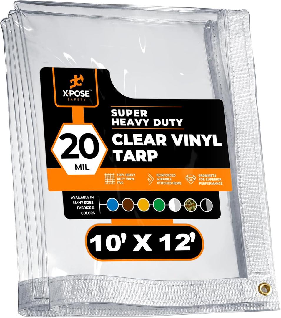 10' x 12' Clear Vinyl Tarp - Super Heavy Duty 20 Mil Transparent Waterproof PVC Tarpaulin with Brass Grommets - for Patio Enclosure, Camping, Outdoor Tent Cover, Porch Canopy - by Xpose Safety