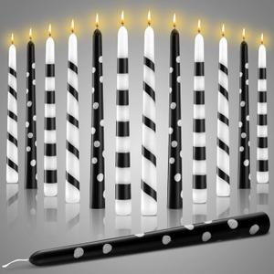 Conelist 12 Pcs Black and White Taper Candles Set Adhesive Striped Candles 10 Inch Tall Holiday Decor for Dinner Party Wedding Anniversary