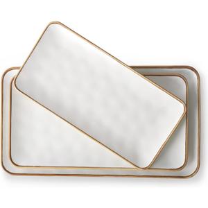 Ceramic Rectangle Serving Platter with Brown Rim: 15.6/14.1/12.6 Inch Large Serving Dishes for Entertaining Party, Turkey, Cheese, Sushi, Snack and Dessert, Microwave Dishwasher Safe