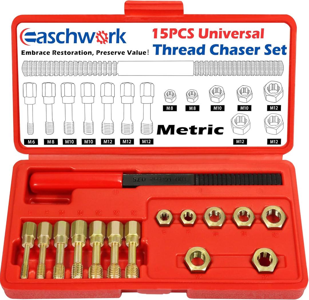 Easchwork 15 Piece Metric Thread Chaser Set Master Thread Rethreading Kit Universal M6 M8 M10 M12 Sizes Thread Restorer with Case