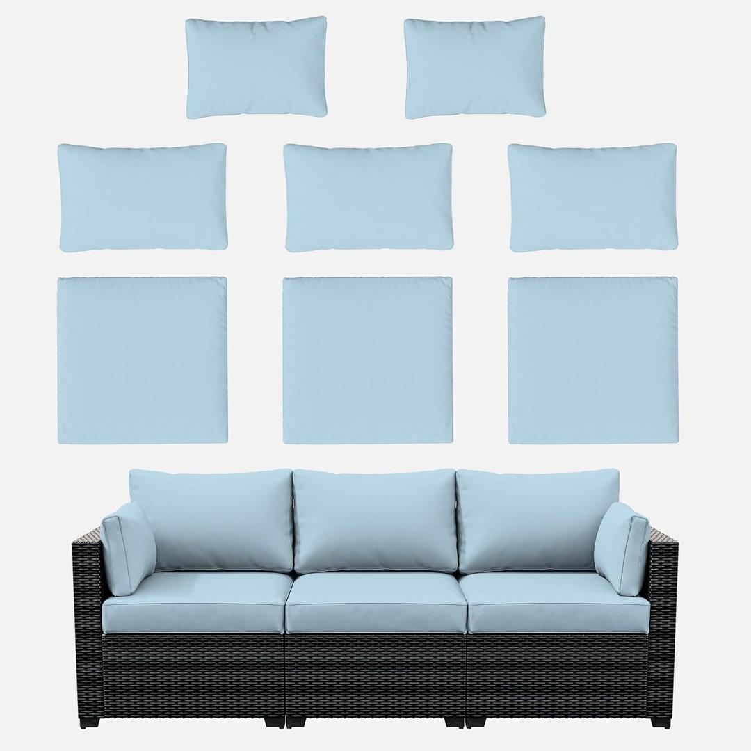 8p Outdoor Cushion Slipcovers Outdoor Patio Cushions Covers Replacement Waterproof with Zipper for 3-Seat Outdoor Rattan Sofa Patio Furniture Cushion Covers Sky Blue, Covers Only