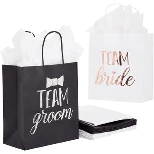 Juvale 20 Pack Bride and Groom Gift Bags with Tissue Paper for Wedding, Groomsmen, Bridesmaid, Reads Team Bride and Team Groom (8 x 4 x 9 In)