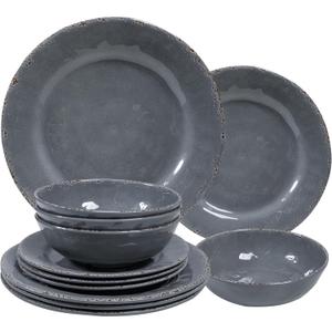 12 Pcs Vintage Melamine Dinnerware Sets, Durable Set Of 4 Plates and Bowls Set, Lightweight Dishes Dinnerware Sets for Indoor and Outdoor Use, BPA Free,Cool Gray