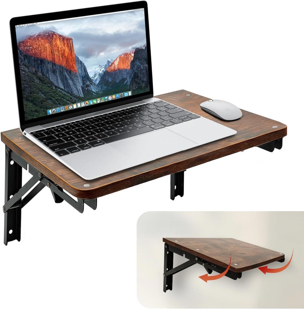 Folding Shelf Wall Mounted for Small Space, Rustic Wooden Wall Table for Living Room Bedroom Decor, Home Office Floating Fold Down Desk, Media Shelves with Heavy-Duty Brackets Holds Up to 55lbs