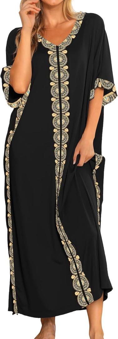 Bloggerlove Women Nightgowns Cotton Caftan House Dress Short Sleeve Sleepwear (Small, Black)