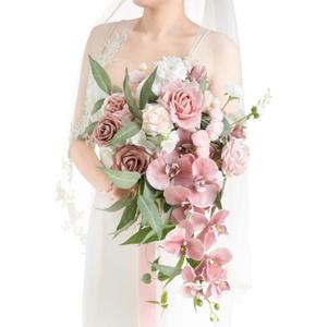 Ling's Moment Dusty Rose Bridal Bouquet Cascading, Pink Wedding Bouquets for Bride, 15 Inch Bride Bouquet Orchids Artificial Wedding Flower Bouquet
