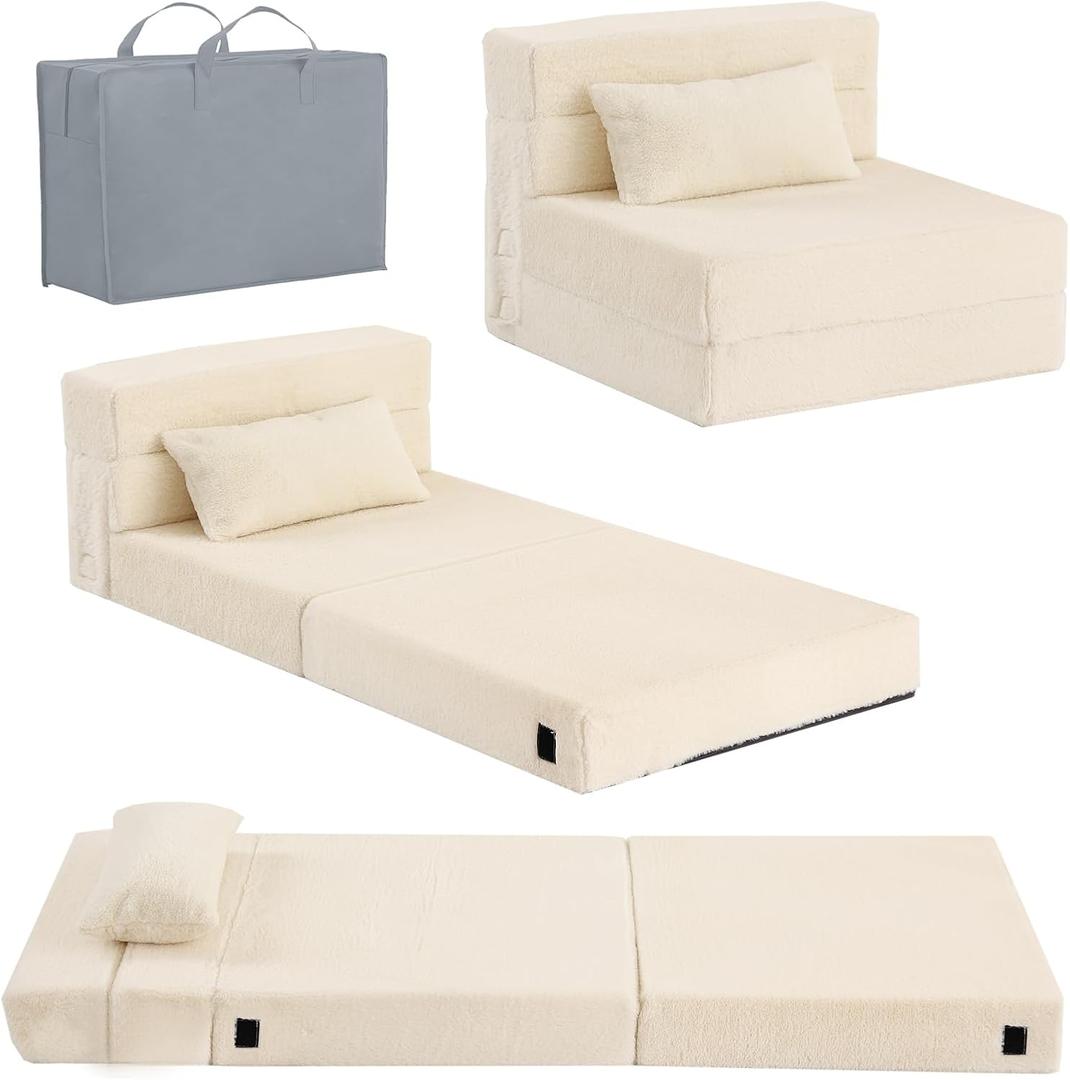 Tiita Folding Sofa Bed Floor Mattress for Kids, Glow Tri Folding Mattress Kid Fold Up Sofa Futon Fold Chair Beds, Child Foldable Mattress Floor Beds Fold Couch for Playroom, Plush Beige