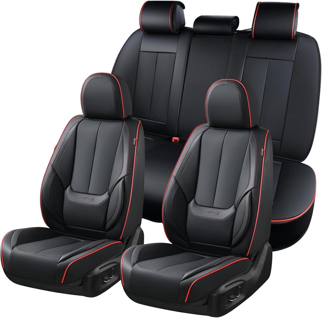 Coverado Car Seat Covers Full Set, Seat Covers for Cars, Black Car Seat Cover, Car Seat Protector Waterproof, Nappa Leather Car Seat Cushion, Car Seat Covers Front Seats and Back Fit for Most Cars