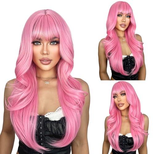 SUKRI Pink Wigs for Women Long Layered Wigs with Bangs Heat Resistant Hair Bang Wig Put on Go for Party Daily Cosplay Use