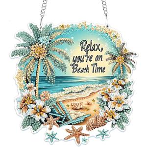 MOGTAA Beach Diamond Art Hanging Pendant Kits, 5D Special Shape Diamond Art Kits for Adults, Crystal Rhinestones Landscape Diamond Painting Gem Art for Home Garden Wall Decor