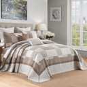 Bedduvit 100% Cotton 120"x120" Oversized California King Bedspread - Extra Wide Reversible Patchwork Plaid Quilts Bedding Set, All Season Lightweight Floral Coverlet Set 3pcs Blanket, Brown/Gray/Beige