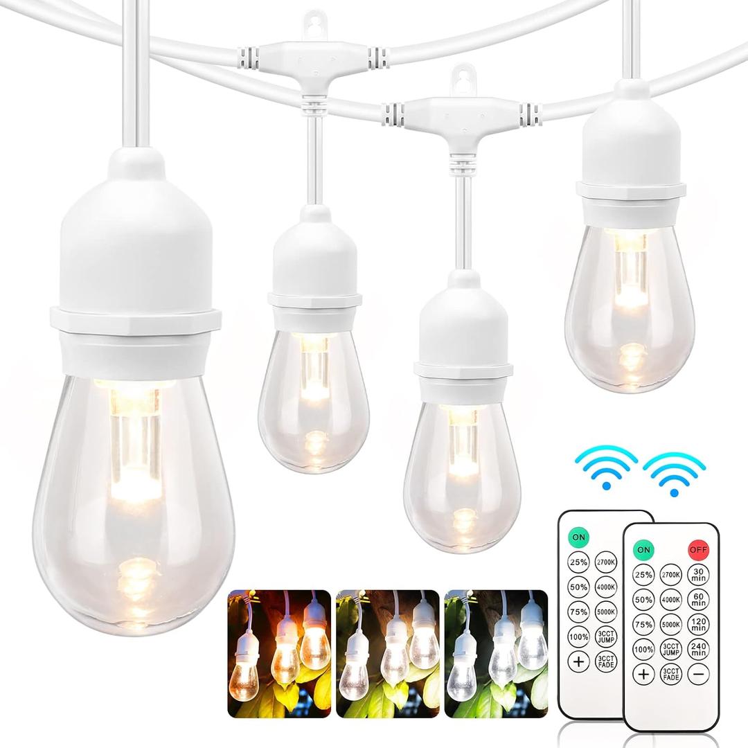 Mlambert 3 Color Outdoor LED Dimmable String Lights for Patio with Remote, Plug in 48FT Waterproof Shatterproof LED Bulb Light for Cafe-White Cord