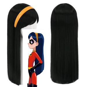 Topcosplay Girls Kids Wigs Black Long Straight Cosplay Halloween Costumes Party Wig with Headband(1849)