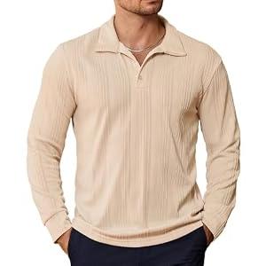 PRIVIMIX Mens Knit Polo Shirts Long Sleeve Fashion Textured Polo Sweater Stretchy Pullover Sweaters for Men Casual Golf Shirt Beige-L