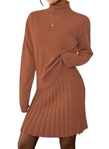 Pink Queen 2025 Women's 2 Piece Sweater Outfits Set Long Sleeve High Neck Top Pleated Mini Skirt Ribbed Knit Brown M