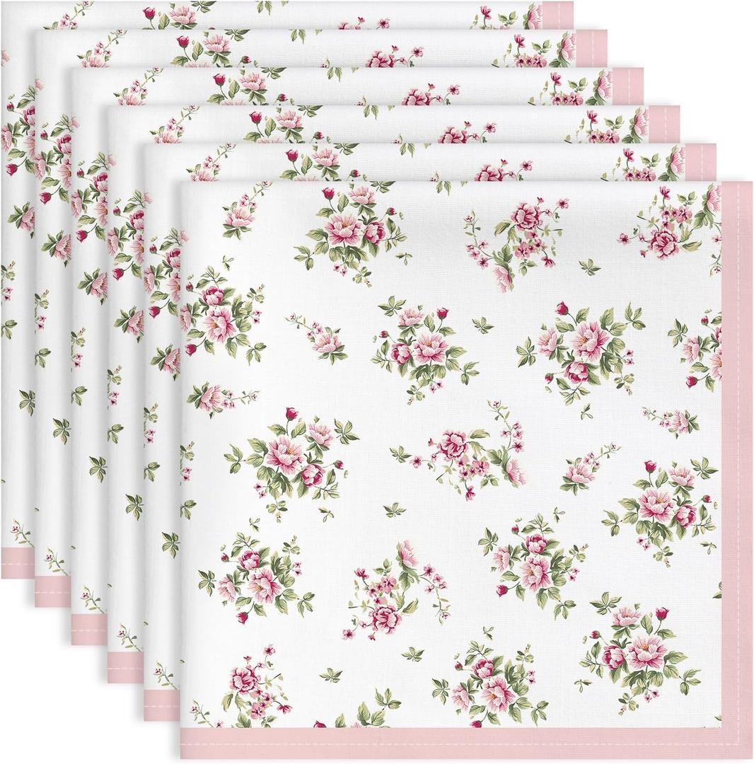 Pink Floral Rose Print Cloth Napkins 100% Cotton, 18" X 18" Dinner Napkins Cloth Set, Washable Napkins for Home, Kitchen, Dinner, Party, Wedding, Cocktail, Set of 6