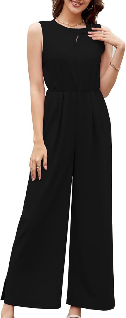 Gardenwed Women's Sleeveless Wide Leg Jumpsuit, Elegant Side Split High Waist Palazzo Pants Romper with Pockets Button Detail (Black, L)