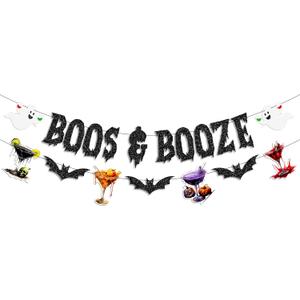 Glitter Boos and Booze Banner with Cocktail and Ghost Design for Halloween Party Decoration