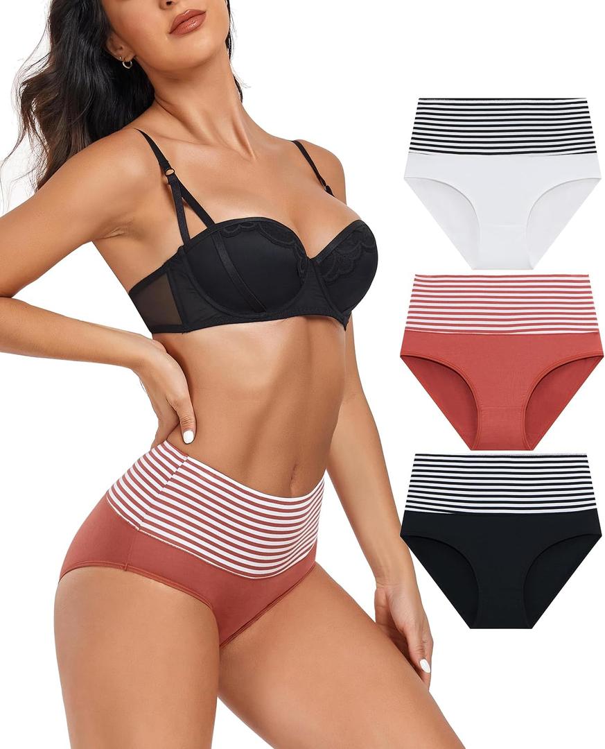 ANLIQI Women's Modal Underwear Tummy Control Hipster Panties Pack Full Coverage Briefs Soft Breathable Stretch Striped Undie (XXL)