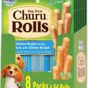 INABA Churu Rolls for Dogs, Soft & Chewy Baked Chicken Wrapped Filled Dog Treats, 0.42 Ounces Each Tube, 64 Tubes Total, Chicken with Cheese Recipe, Best By: 03.11.2027