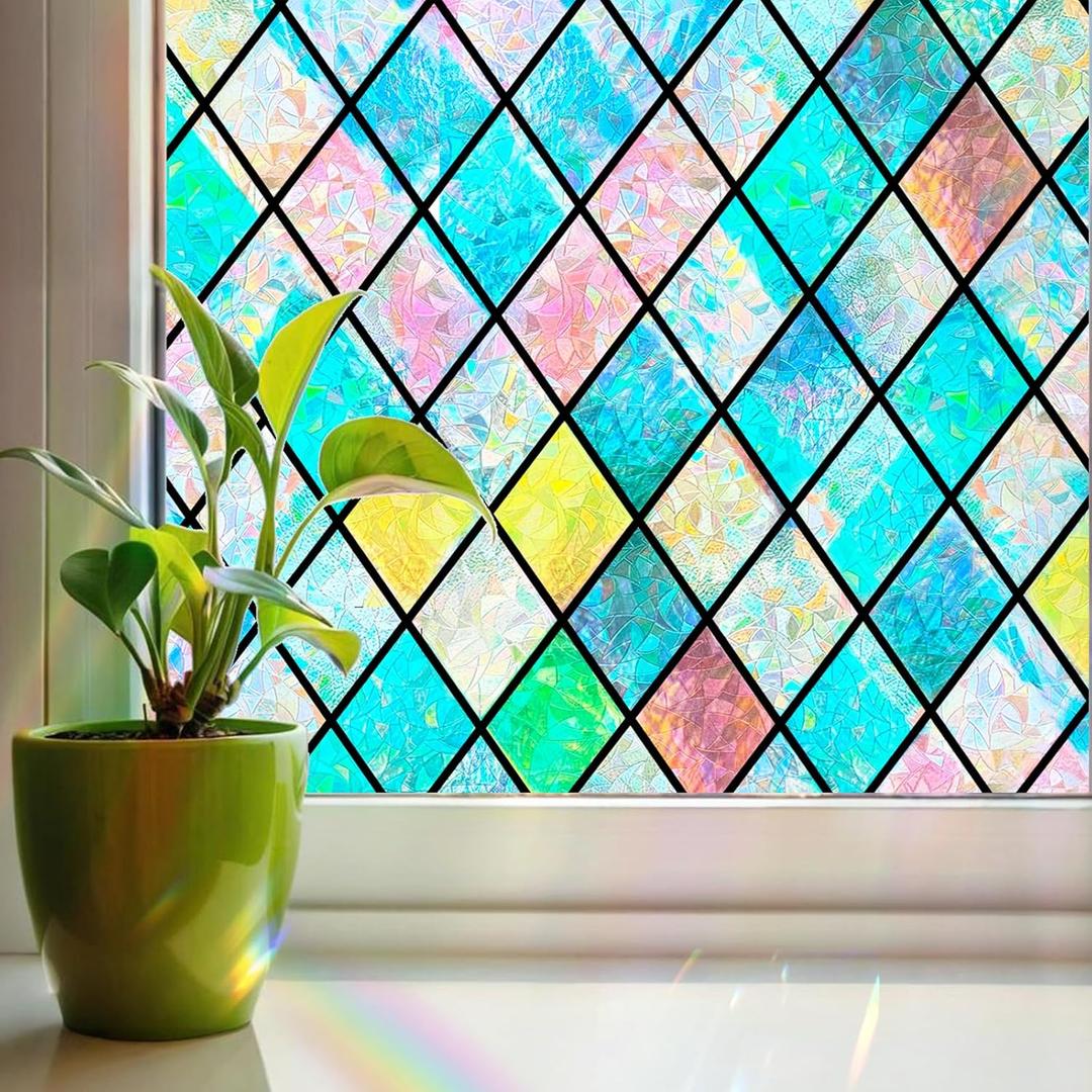 Stained Glass Window Film Rainbow Window Privacy Film 3D Decorative Static Cling Door Glass Decals Non Adhesive Removable for Home Office (29.5 X 157.5 in)