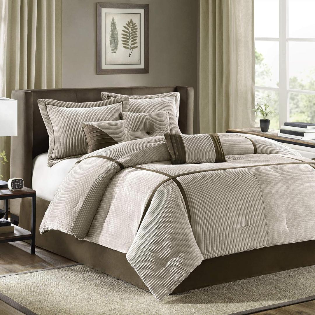 Madison Park Cozy Comforter Set Casual Blocks Design All Season, Matching Bed Skirt, Decorative Pillows, King(104"x92"), Dallas Corduroy, Taupe Brown, 7 Piece